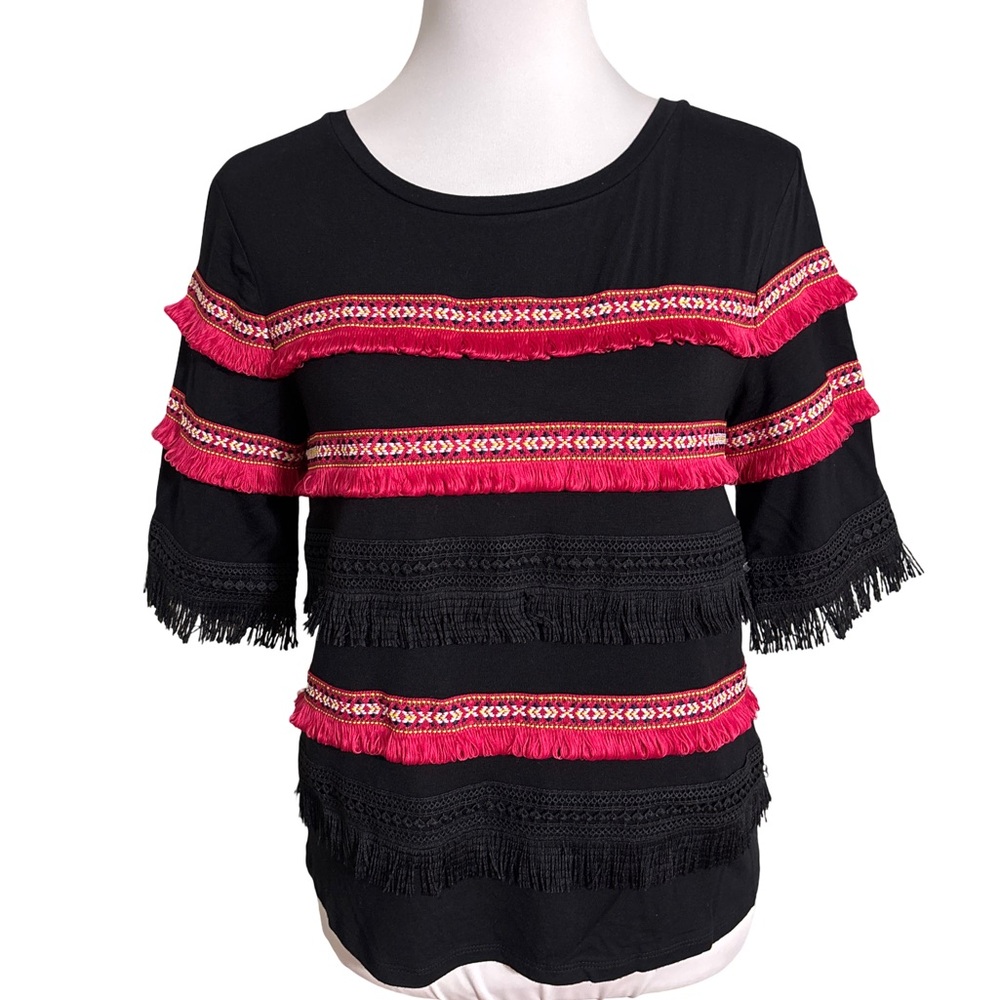 Grace Elements Black Top with Pink Fringe